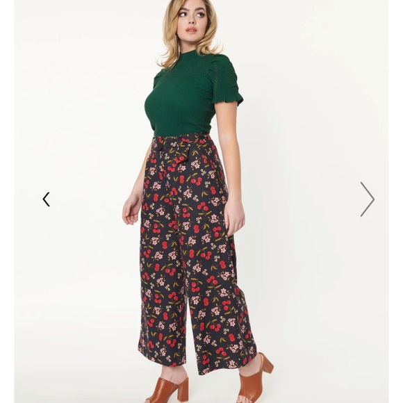 Princess Highway x Unique Vintage Navy & Cherry Print Pants, UK 10/US 6 - Picture 4 of 8